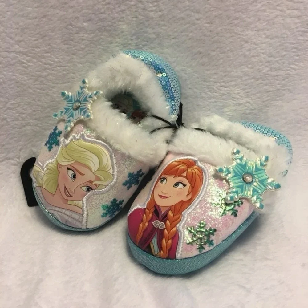 Disney Frozen Slippers Kids Size 11/12 Blue Pink NEW Anna Elsa Sequin Faux‎ Fur